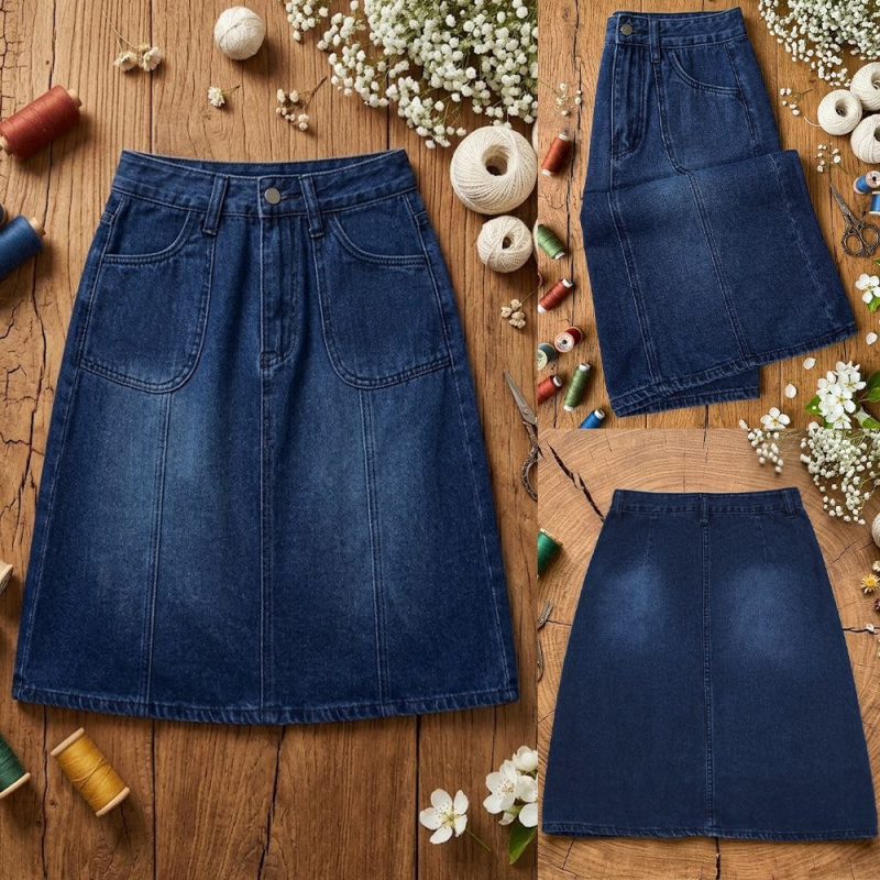 Quilt Cotton Summer - Women's High-Waisted Mid-Length A-Line Denim Skirt