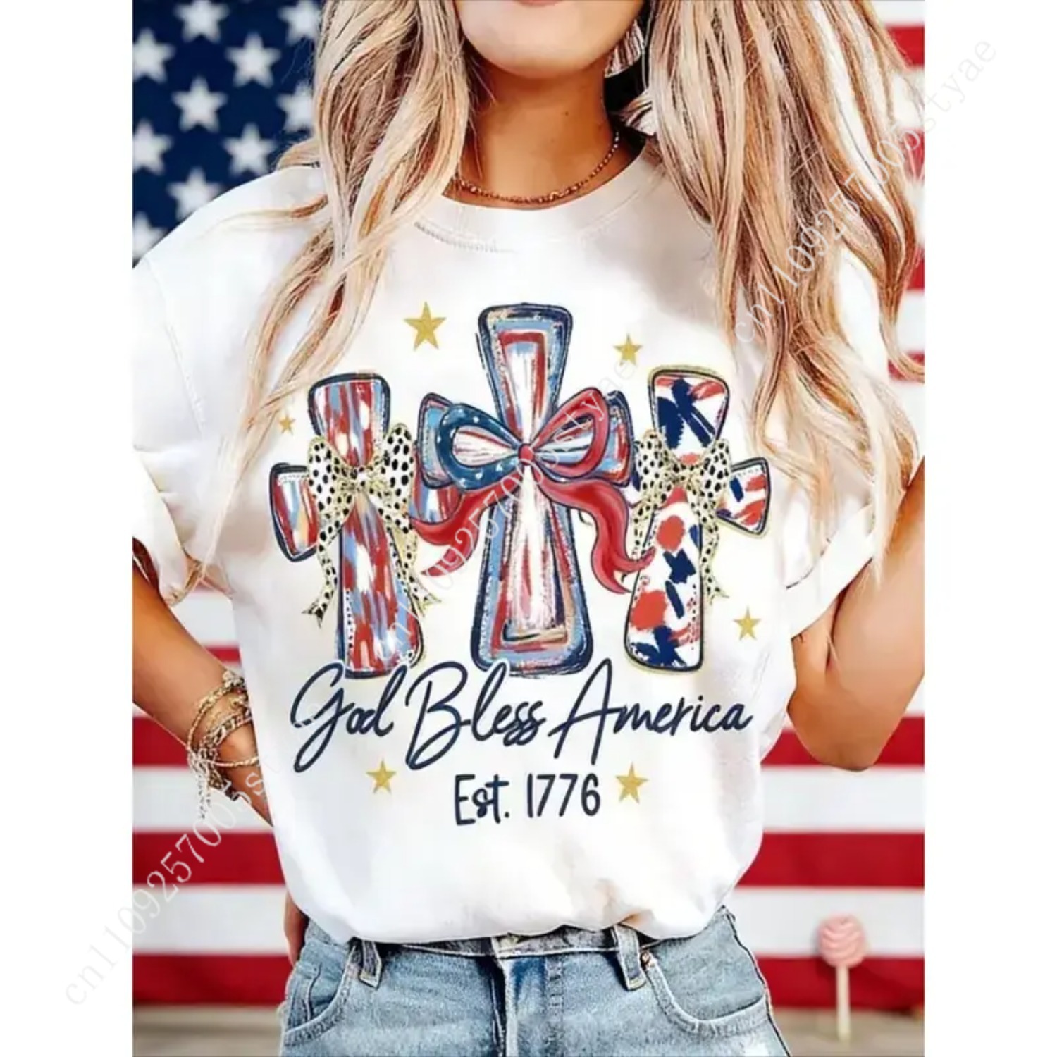 God Bless America Women T-shir - Quilt Cotton Summer ulasan dan harga